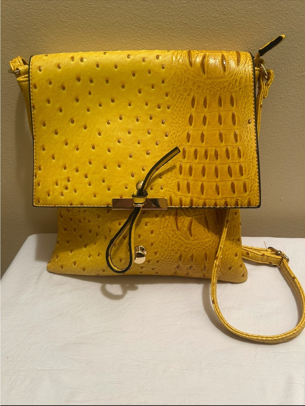 Yellow Faux Ostrich Crossbody Bag